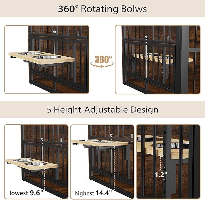 Rovibek 48 Inch Large Dog Crate with 2 Height Adjustable Dog Bowls 360° Rotatable, Cage Furniture for Large/Extra Large Dog Crate Indoor as End Table, Heavy Duty Dogs Kennel, Brown