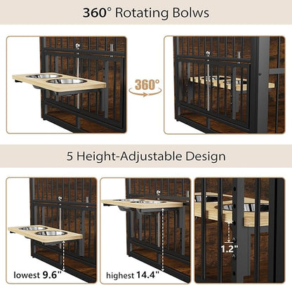 Rovibek 48 Inch Large Dog Crate with 2 Height Adjustable Dog Bowls 360° Rotatable, Cage Furniture for Large/Extra Large Dog Crate Indoor as End Table, Heavy Duty Dogs Kennel, Brown