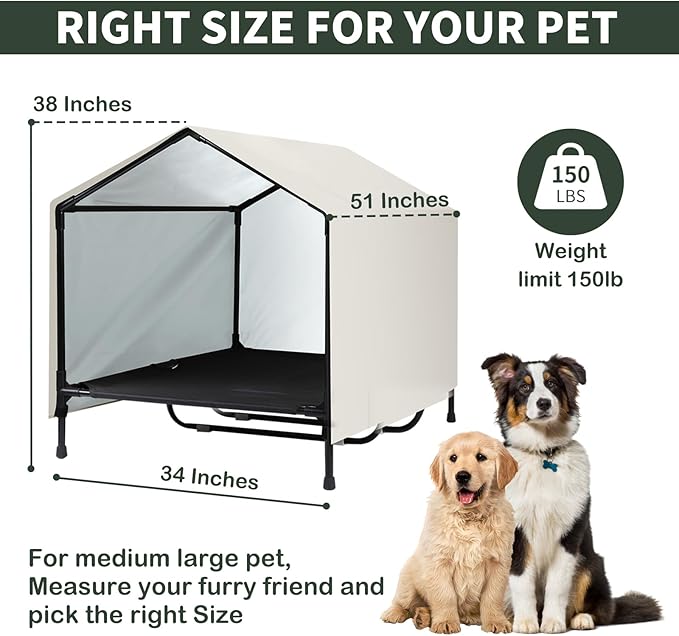Outdoor Indoor Dog House for Large XL XXL Jumbo Dogs | XLarge Raised Elevated Dog Bed Cot with Canopy, Waterproof & Sunproof Outside Outdoor Dog Shade Shelter Tent (52" x 34" x 38")