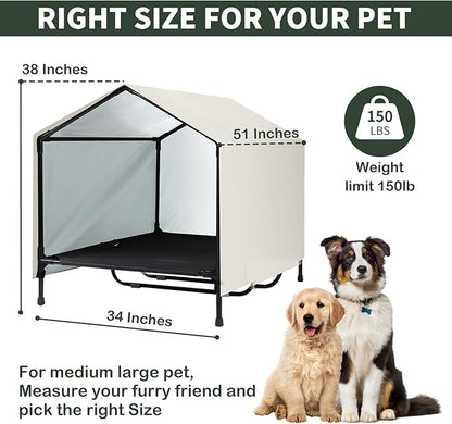 Outdoor Indoor Dog House for Large XL XXL Jumbo Dogs | XLarge Raised Elevated Dog Bed Cot with Canopy, Waterproof & Sunproof Outside Outdoor Dog Shade Shelter Tent (52" x 34" x 38")