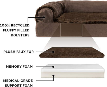 Furhaven Memory Foam Dog Bed for Large Dogs w/ Removable Bolsters & Washable Cover, For Dogs Up to 125 lbs - Plush & Velvet L Shaped Chaise - Sable Brown, Jumbo Plus/XXL