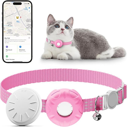 Cat GPS Tracker, Waterproof Pet Tracker for Cats, Cat GPS Tracker Collar with Safety Elastic Buckle, Works with Any Collar,Compatible with Apple Find My App (Only iOS), No Monthly Fee, Pink
