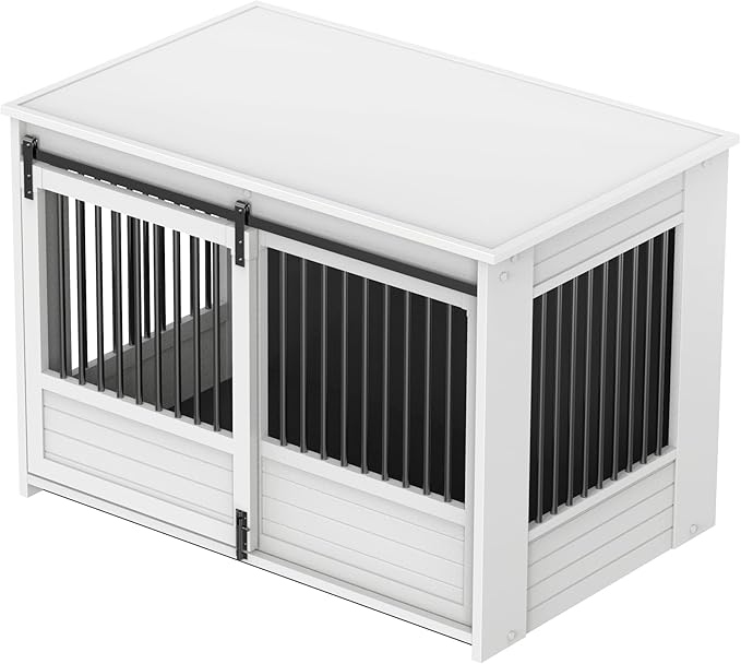 New Age Pet ECOFLEX Barn Door Dog Crate End Table - Antique White, X-Large - Durable Wood Plastic Composite with Stainless Steel Latch, Easy Assembly, 10 Year Warranty