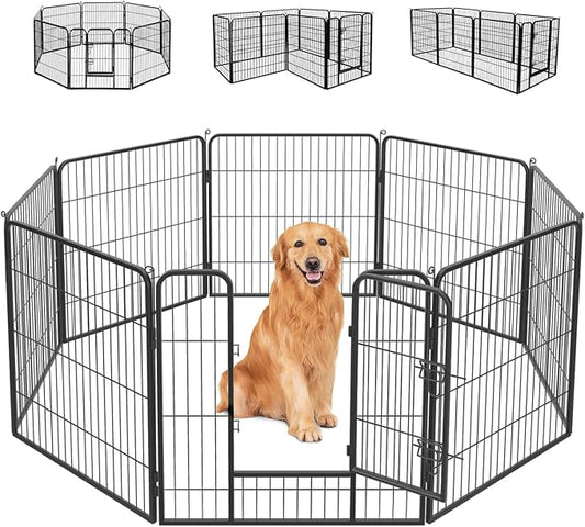 FDW Dog Playpen Dog Pen Dog Kennel 8 Panels 32 Inch Hight Indoor Outdoor Folding Metal Portable Puppy Exercise Pen Heavy Duty Dog Fence for Yard Camping,Black