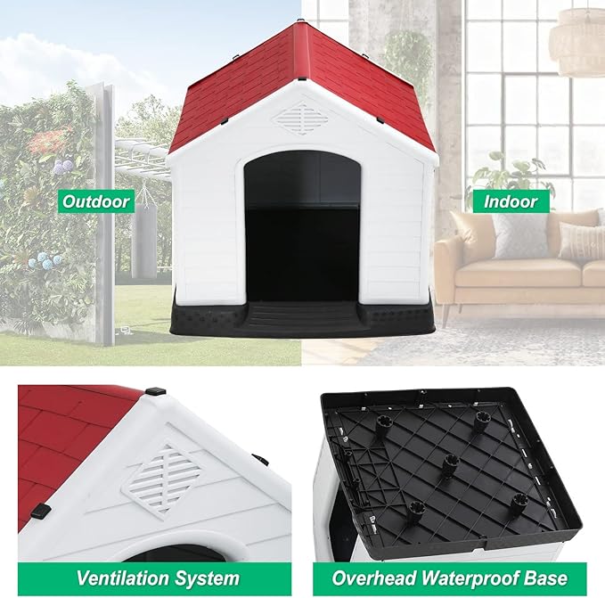 FDW Dog House Indoor Outdoor Durable Ventilate Waterproof Pet Plastic Dog House for Small Medium Large Dogs Insulated Puppy Shelter Kennel Crate with Air Vents and Elevated Floor