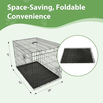 Wire Dog Crate Large 42 inches w/Divider Double Door,Heavy Duty, Collapsible and Portable Folding Metal Kennel, Removable Tray, Indoor/Outdoor,Black