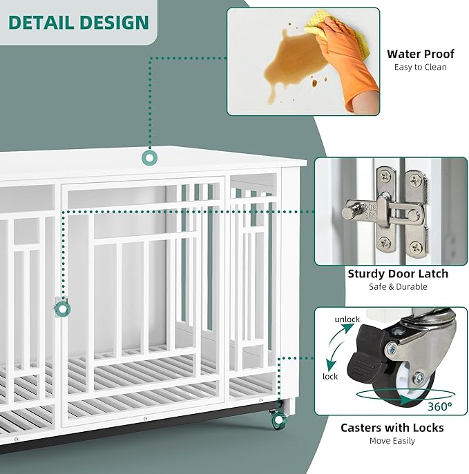 YITAHOME Dog Crate Furniture, 38.2" Heavy Duty Dog Cage, Wooden Side End Table with Wheels, Chew-Resistant Metal Dog Kennel with Removable Tray, Dog House Indoor for Small Medium Dogs, White