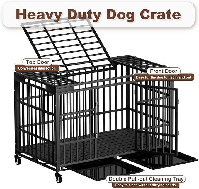 54 Inch Heavy Duty Dog Crate with Wheels，Indestructible Escape-Proof Dog Cage for Large Dogs, Extra Large XL XXL Indestructible Dog Crate with Removable Tray.