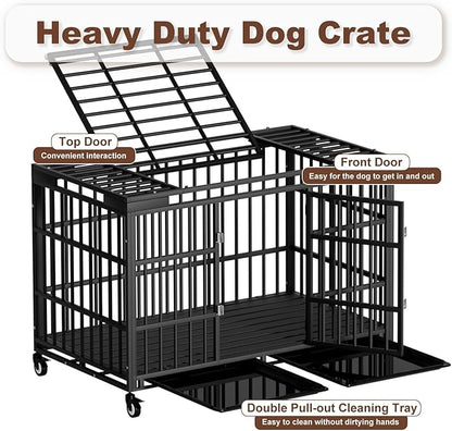 54 Inch Heavy Duty Dog Crate with Wheels，Indestructible Escape-Proof Dog Cage for Large Dogs, Extra Large XL XXL Indestructible Dog Crate with Removable Tray.