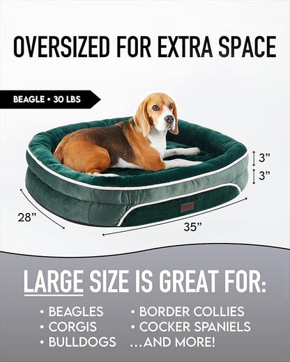 OhGeni Orthopedic Dog Bed for Large Dogs, Dog Couch Design with Egg Foam Support, Removable, Machine Washable Plush Cover and Non-Slip Bottom with Four Sided Bolster Cushion (Dark Green)