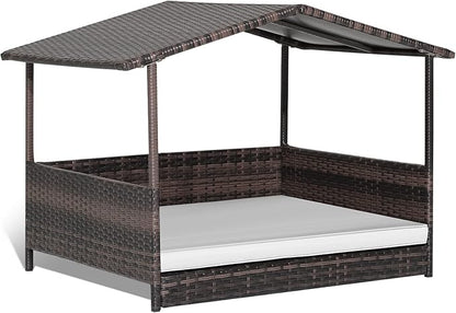 Giantex Wicker Dog House, Raised Rattan Dog Bed with Waterproof Roof, Washable Cushion Cover, Steel Frame, Indoor Outdoor Elevated Dog Bed Pet House for Small Medium Dogs Cats, Easy Assembly