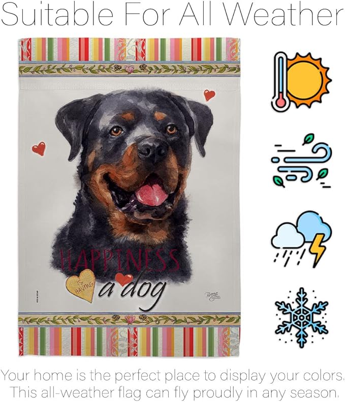 Breeze Decor Rottweiler Happiness Garden House Flag Kit Dog Puppy Spoiled Paw Canine Fur Pet Nature Farm Animal Creature Decoration Banner Small Yard Gift Double-Sided, Made in USA