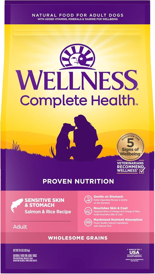 Wellness Complete Health Senstive Skin & Stomach Natural Adult Dry Dog Food, Salmon and Rice Recipe, 24 Pound Bag