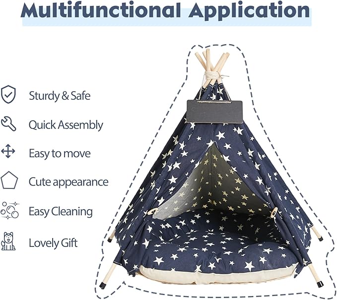Pet Teepee Tents, 24 Inch Portable Indoor Dog Teepee Bed with Thick Cushion, Washable Navy Blue Stars Pattern Teepee Tent House for Puppy & Cat
