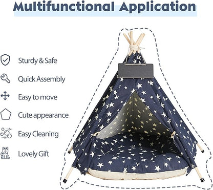 Pet Teepee Tents, 24 Inch Portable Indoor Dog Teepee Bed with Thick Cushion, Washable Navy Blue Stars Pattern Teepee Tent House for Puppy & Cat