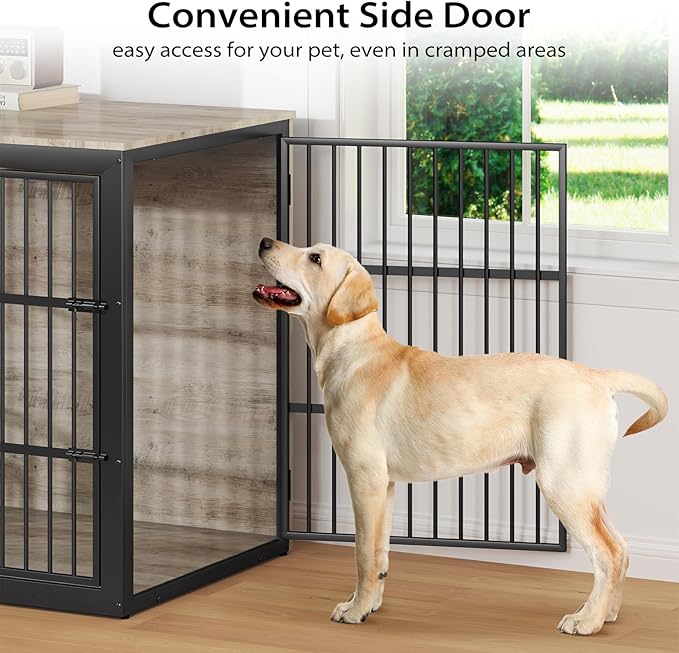Rovibek 48 Inch Large Dog Crate with 2 Height Adjustable Dog Bowls 360° Rotatable, Extra Large Dog Kennel Indoor as End Table, Dog Cage Furniture for Large Dogs, Heavy Duty, Grey