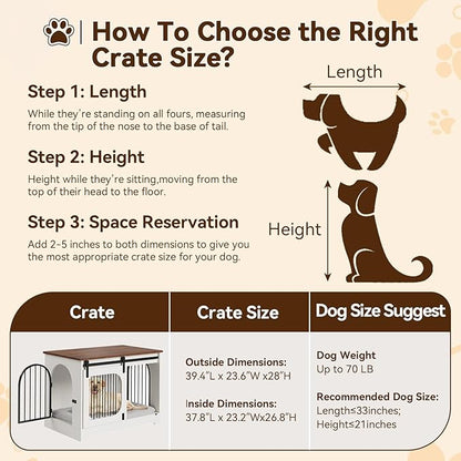 Dog Crate Furniture, 39.4" Dog Kennel for Dogs Up to 70 Lb, with Bed Mat, Heavy-Duty Dog Cage End Table, Three Doors Dog House, White/Brown