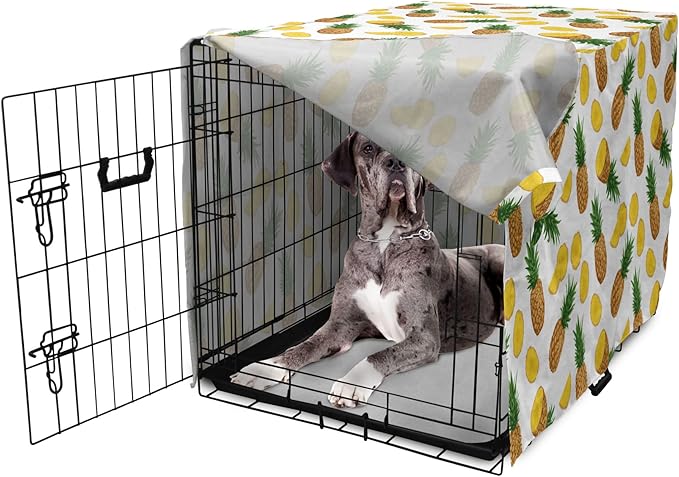 Lunarable Pineapple Dog Crate Cover, Sliced in Half Ananas Exotic Fruit Rhythmic Retro Look Print, Easy to Use Pet Kennel Cover for Medium Large Dogs, 48 Inch, Mustard Fern Green