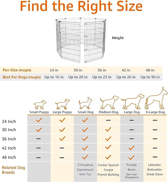 Amazon Basics Foldable Octagonal Metal Exercise Dog Playpen - Indoor/Outdoor, No Door, Large (8 Panels, 24 x 42), Easy to assemble, store, and customize, 42" - Large, Black