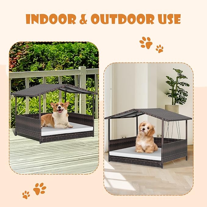 Giantex Wicker Dog House, Raised Rattan Dog Bed with Waterproof Roof, Washable Cushion Cover, Steel Frame, Indoor Outdoor Elevated Dog Bed Pet House for Small Medium Dogs Cats, Easy Assembly