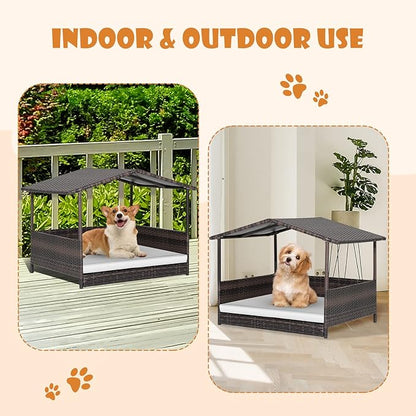 Giantex Wicker Dog House, Raised Rattan Dog Bed with Waterproof Roof, Washable Cushion Cover, Steel Frame, Indoor Outdoor Elevated Dog Bed Pet House for Small Medium Dogs Cats, Easy Assembly