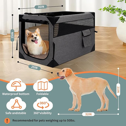 36X25X25 Inch Dog Crate, Large Dog Crate for Large or Medium Dogs, Portable and Foldable Design of Dog Cage, Perfect for Travel or Home Use, Dog Kennel with 3-Door and Durable Mesh Windows, Grey