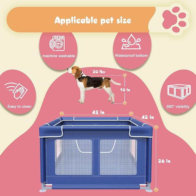 Puppy PlayPen 42 × 42 Inch, Dog Playpen with Gate for Puppies, Small and Medium Dogs, Pet PlayPen for Outdoors & Indoors, Tear Resistant Fabric.