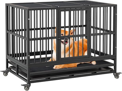 42inch Heavy Duty Indestructible Dog Crate Steel Escape Proof,Indoor Dog House High Anxiety Cage,Kennel with Wheels,Removable Tray