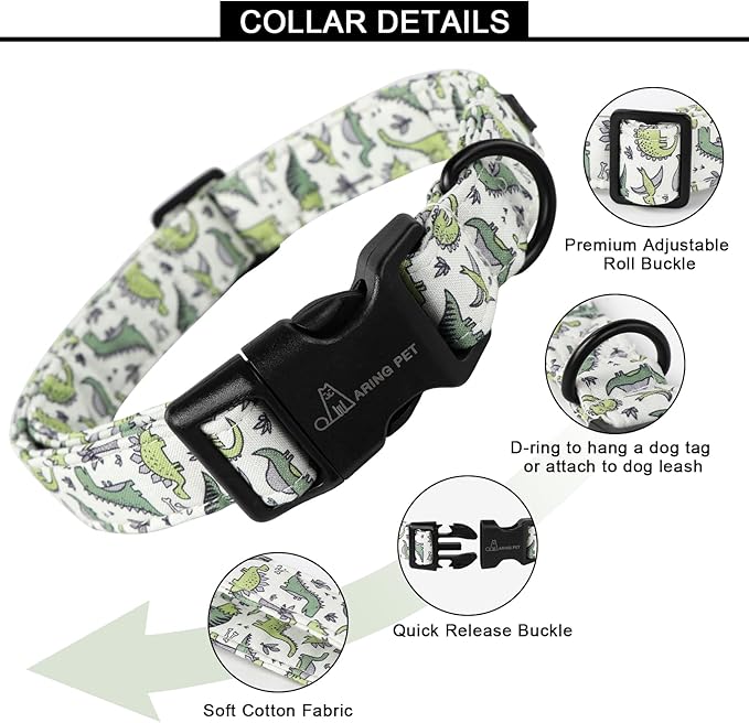 ARING PET Dinosaur Dog Collar-Cute Dog Collar for Small Dogs, Adjustable Comfortable Cotton Boy Dog Collars for Small Medium Large Dogs, X-Small