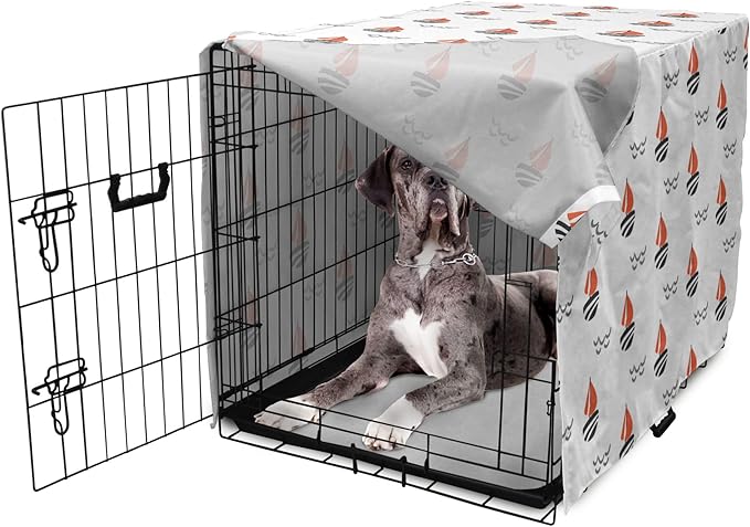 Lunarable Sail Boat Dog Crate Cover, Abstract Boat Waves Cartoon Drawing Style Geometric Pattern, Easy to Use Pet Kennel Cover for Medium Large Dogs, 48 Inch, Salmon Black Grey