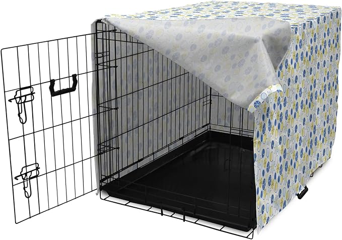 Lunarable Yellow and Blue Dog Crate Cover, Random Doodle Circles Abstract Floral Pattern, Easy to Use Pet Kennel Cover for Cats & Medium Dogs, 30 Inch, Pale Yellow Pale Blue