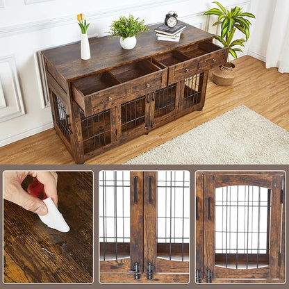 2 Rooms Dog Crate Furniture with Openable Partition,58" Wooden Dog Crate Table with 2 Drawers,5-Doors Dog Furniture,Indoor Dog Kennel,Dog House,Dog Cage,TV Stand (Brown)
