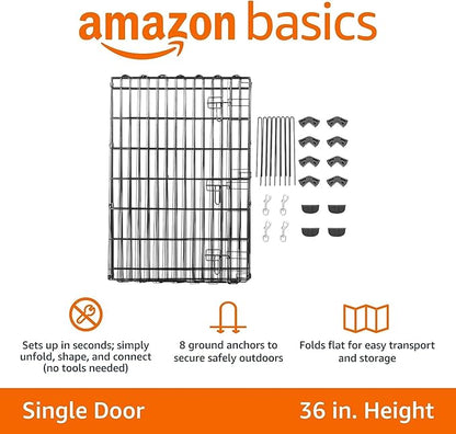 Amazon Basics Foldable Octagonal Metal Exercise Dog Playpen - Indoor/Outdoor, Single Door, Medium (8 Panels, 24 x 36), Easy to assemble and store, 36" - Medium, Black