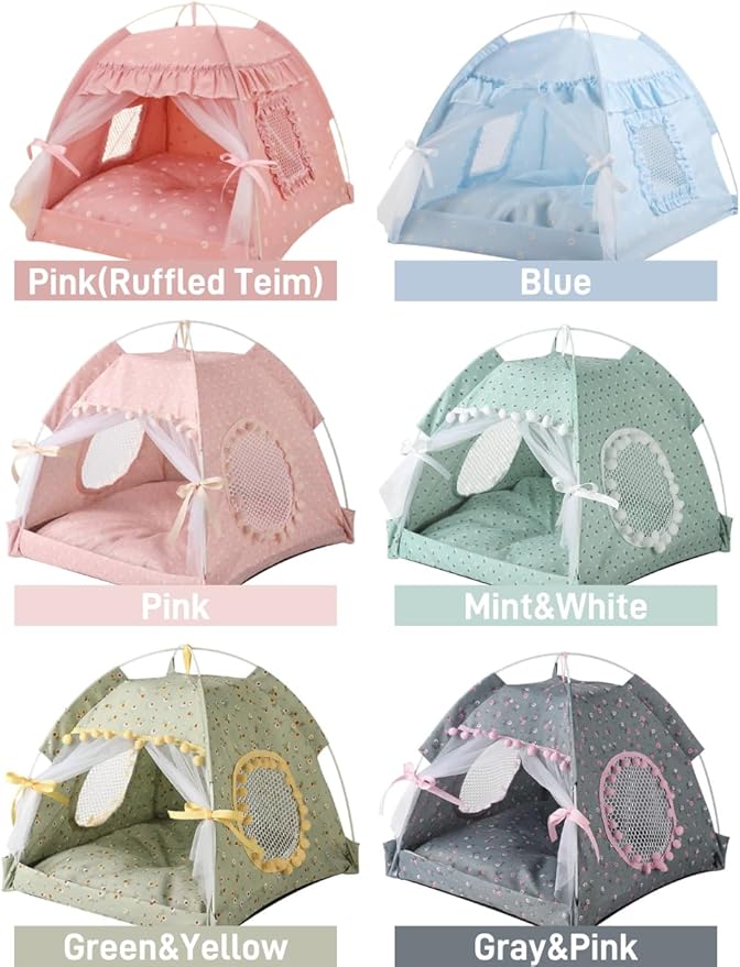 Cat Bed Tents Dog House Indoor Outdoor Lace Mesh Breathable Windows Door Curtains Removable Portable Nest Teepe House (Small,Pink(Ruffled Teim))