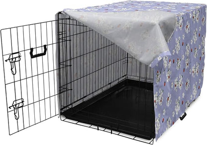 Ambesonne Floral Dog Crate Cover, Japanese Flowers Sakura Blossoms and Ladybugs on Soft Toned Background, Easy to Use Pet Kennel Cover for Cats & Medium Dogs, 24 Inch, Pale Ceil Blue White
