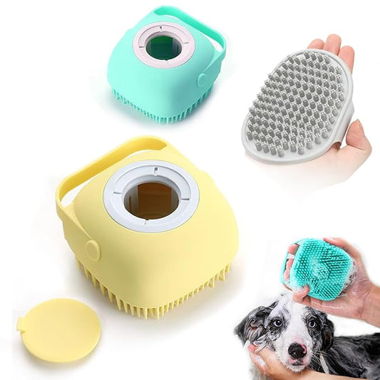 ELEGX Pet Grooming Bath Massage Brush with Soap and Shampoo Dispenser Soft Silicone Bristle for Long Short Haired Dogs Cats Shower (3 PCS（Yel+Blu+Hard Brush）)