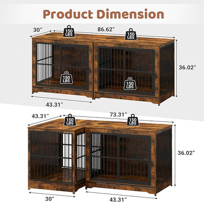 86 Inch Double Dog Crate Furniture with Divider, Large Dog Kennel Furniture for 2 Dogs with 4 Combination Forms, Brown Corner Dog Crate for Small Medium Large Dogs