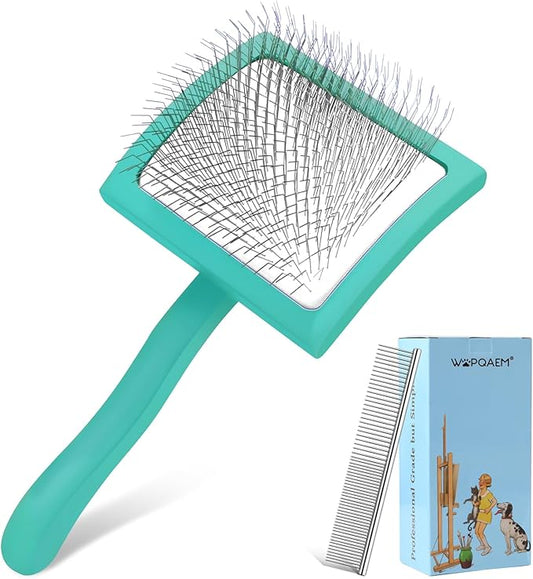 Slicker Brush for Dogs, Long Pin Dog Grooming Brush for Goldendoodles, Poodles, Doodles & More, Includes Bonus Pet Comb, Perfect for De-Shedding, Dematting & Reducing Tangles. Large, Green