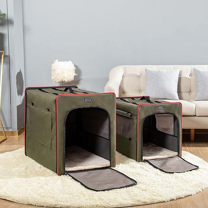 PETSFIT Portable Dog Crate, Collapsible Dog Crate - 24 Inch with Thicken Mat, Easy to Fold, Sturdy and Portable, Perfect for Traveling, Soft Dog Kennel Army Green