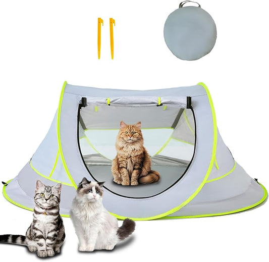 ZIQINPSQ Foldable Cat Tent with Sunshade, Mesh Windows & Curtains,Portable Pet Playpen Cat Cage Cat Enclosure Tent,Outdoor Cat Enclosures for Camping, Traveling, Sunbathing (Grey, 43" LX27 WX19 H)