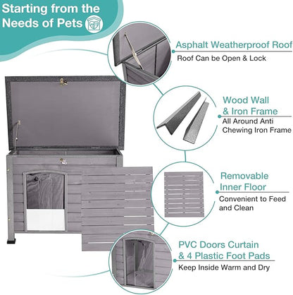 Indoor Outdoor Dog House,Anti-Chewing Iron Frame Dog Kennel,Wood Warm Pets Home,Weatherproof Outside Shelter for Feral Animal 33.5" (L) X 22" (W) X 25.2" (H) Grey