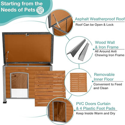 Indoor Outdoor Dog House,Anti-Chewing Iron Frame Dog Kennel,Wood Warm Pets Home,Weatherproof Outside Shelter for Feral Animal 33.5" (L) X 22" (W) X 25.2" (H) Brown