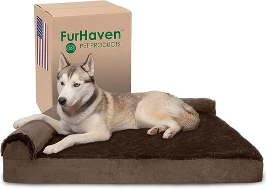 Furhaven Memory Foam Dog Bed for Large Dogs w/ Removable Bolsters & Washable Cover, For Dogs Up to 95 lbs - Plush & Velvet L Shaped Chaise - Sable Brown, Jumbo/XL