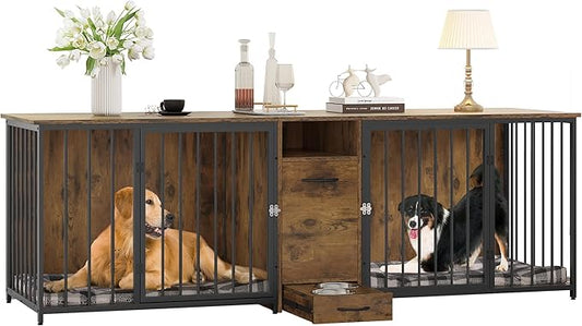 DWVO 95in Double Crate Furniture With Feeder Bowls, Wooden Large Kennel With Storage Drawer, Indoor TV Cabinet for 2 Large/Medium Dogs, Brown