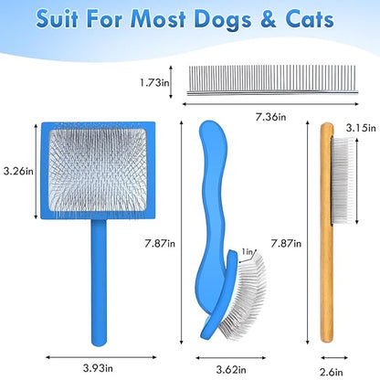 Blue Slicker Brush for Medium to Large Pets - Long Pin Grooming Tool Removes Loose Hair, Tangles and Knots, Includes Free Pet Comb