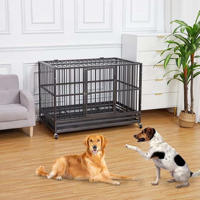 48 “ Heavy Duty Dog Crate, Cage Kennel with Wheels&Brakes, High Anxiety Indestructible, Sturdy Locks Design, Double Door and Removable Tray, for Large Pets