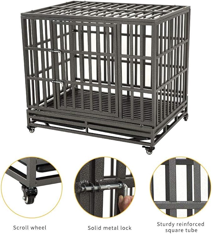 LUCKUP Empire Heavy Duty Dog Cage Metal Kennel and Crate for Medium and Large Dogs, Pet Playpen with Four Wheels, Easy to Install, 42 inch, Black