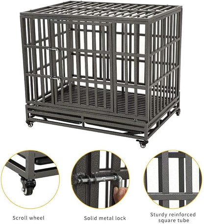 LUCKUP Empire Heavy Duty Dog Cage Metal Kennel and Crate for Medium and Large Dogs, Pet Playpen with Four Wheels, Easy to Install, 42 inch, Black
