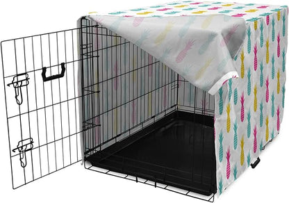 Lunarable Yellow Pineapple Dog Crate Cover, Rhythmic Ananas Fruits in Colorful Design Summer Tropical Concept, Easy to Use Pet Kennel Cover for Cats & Medium Dogs, 24 Inch, Turquoise Hot Pink