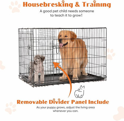 Double Door Dog Crate, Durable Metal Foldable Pet Crate with Secure Lock, Removable Tray for Easy Cleaning for Dogs Portable Pet Crate for Indoor, Outdoor, 30 Inch